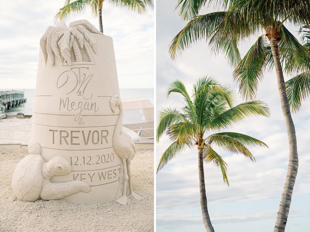 Detail shot of sand sculpted of Wedding date and palm trees