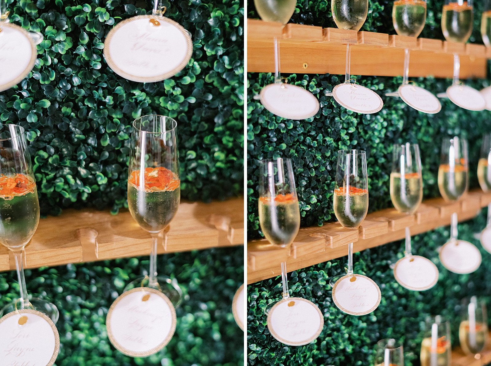 Detail shot of hanging Champaign glasses with flower inside