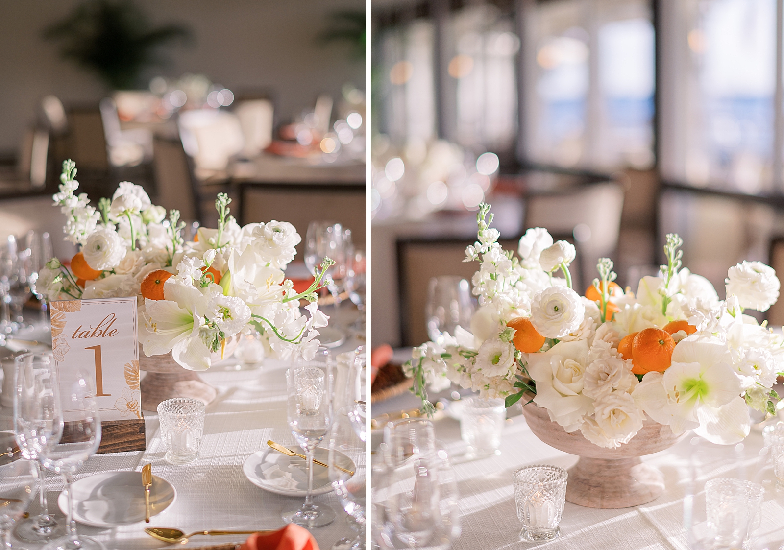 Citrus Flower centerpiece with table numbers