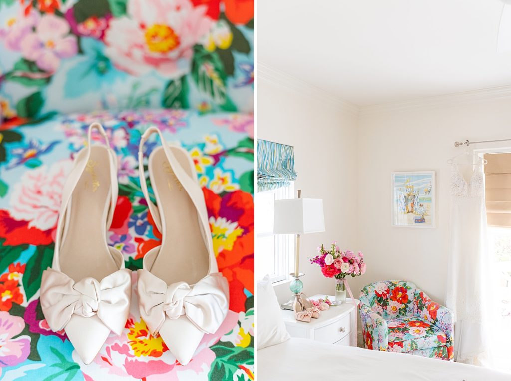 Detail shot of wedding heels on floral bright design