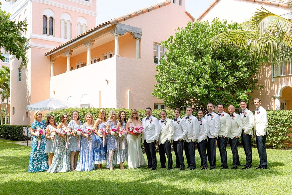 Bride and Groom with whole wedding party in formation