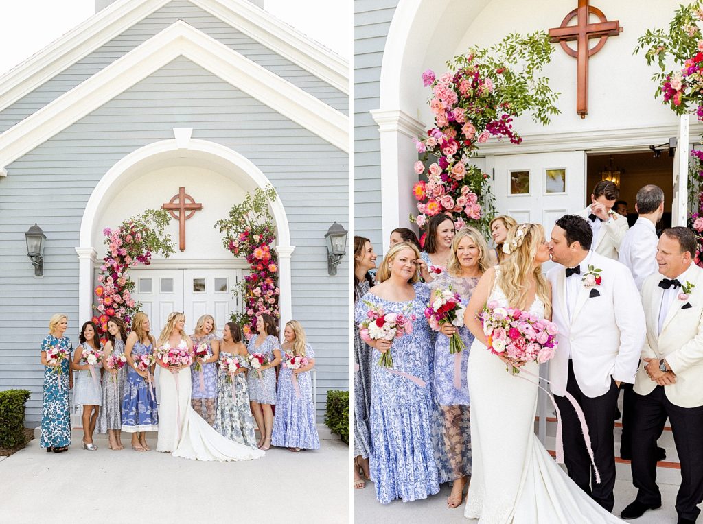 Bride with Bridesmaids in front of church