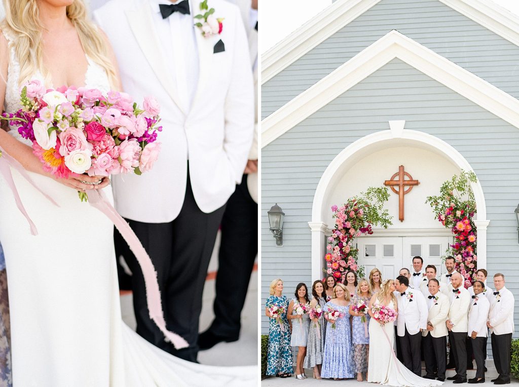 Bride and Groom arm in arm with Bride holding extravagant pink bouquet 