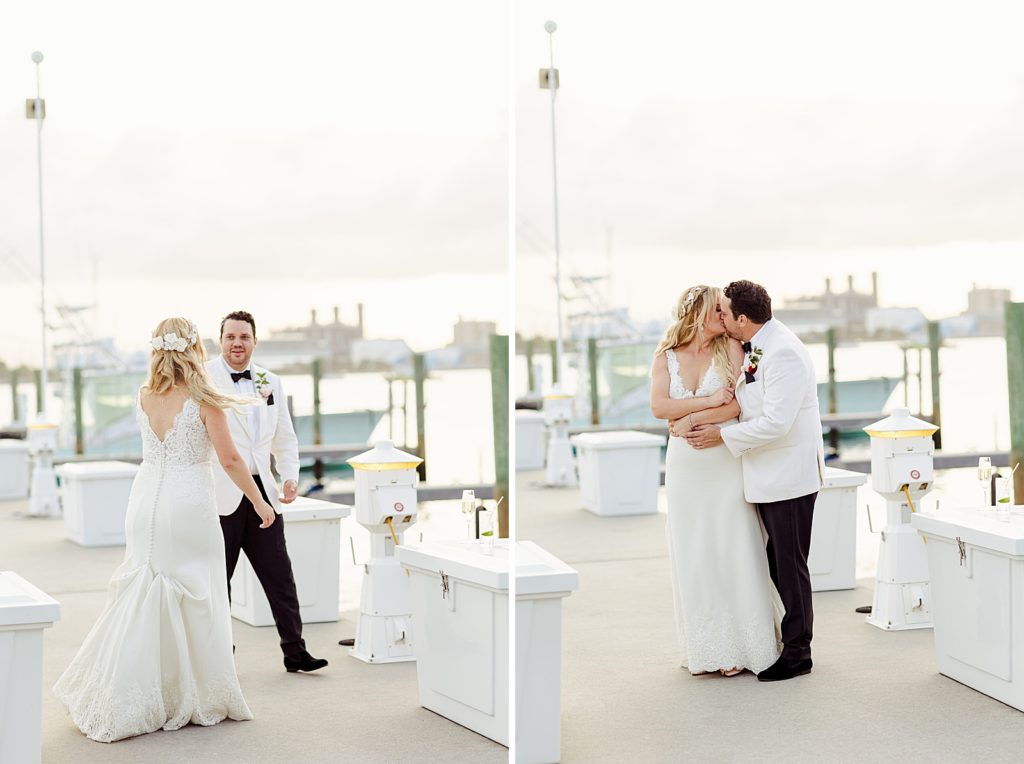 Bride and Groom on yacht dock kissing