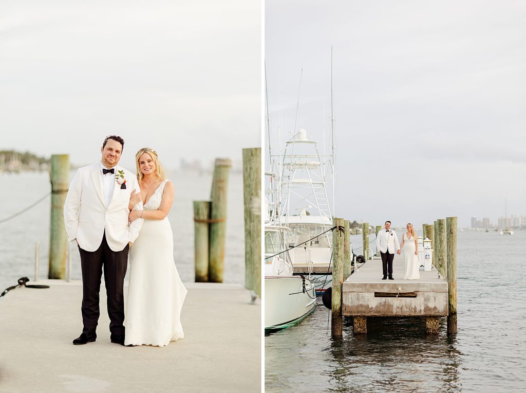 Bride and Groom arm in arm on yacht dock