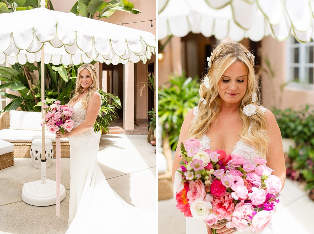 Bride with pink bouquet outside