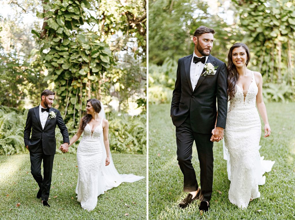 Bride and Groom holding hands and walking on the grass together