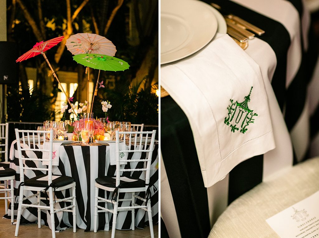 Rehearsal table detail shot with green pink and hot pink parasols and detail shot of napkin
