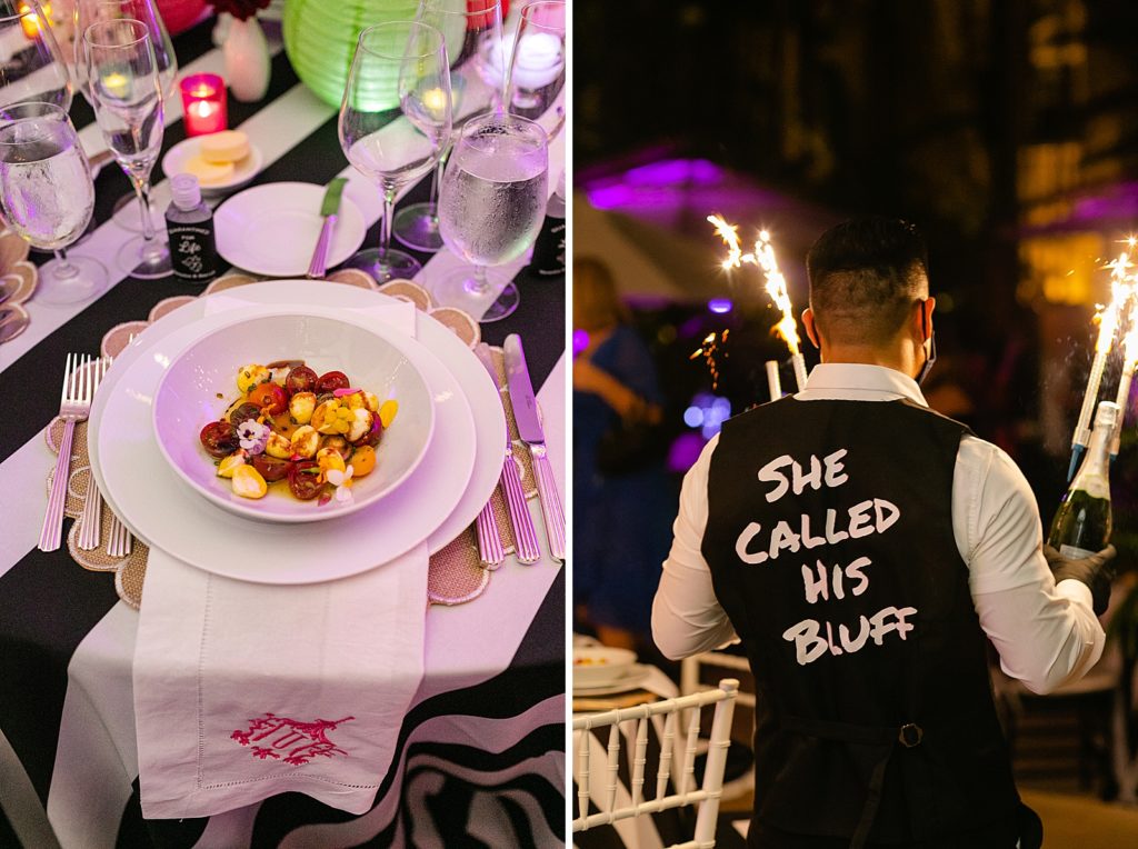 Detail shot of appetizer Caprese Salad and waiter with wedding vest on with "She called His Bluff" text
