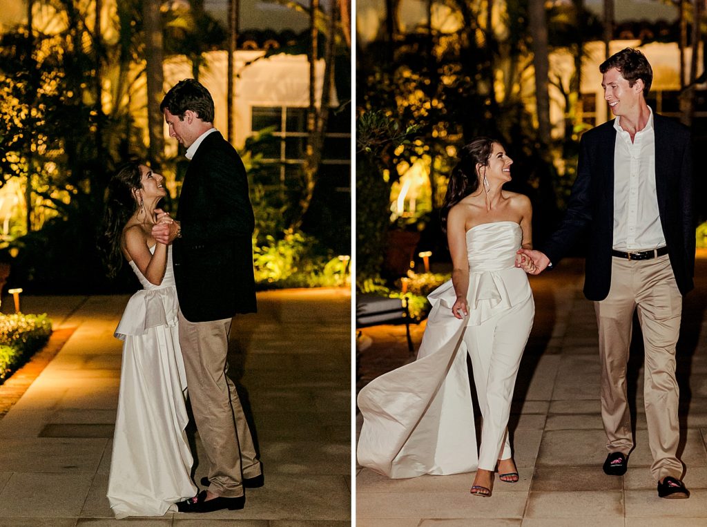 Bride and Groom dancing in courtyard at night of rehearsal dinner