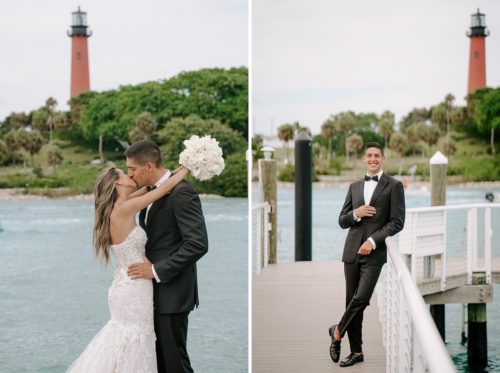 Bride and Groom kissing in front of water with Jupiter lighthouse