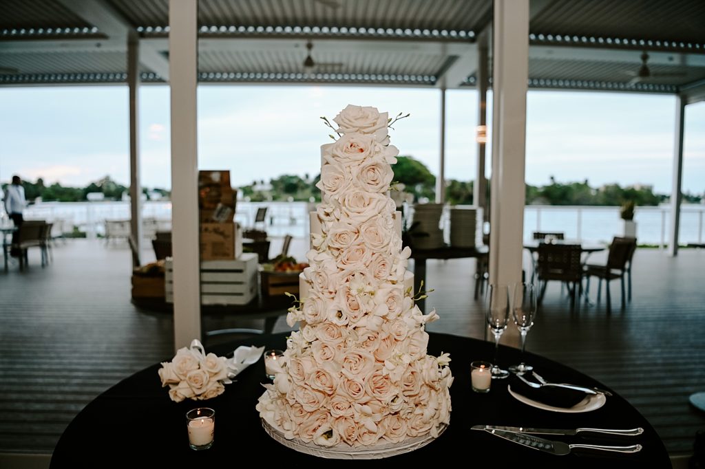 Detail shot of rose petal wedding cake