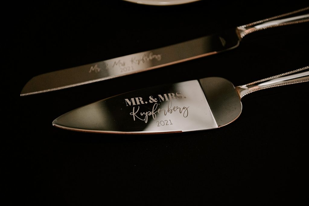 Detail shot of personalized cake cutlery