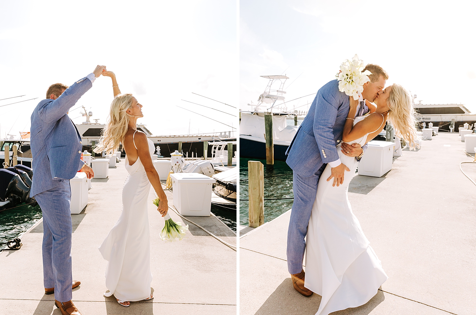 Bride and Groom twirling on yacht dock and kissing