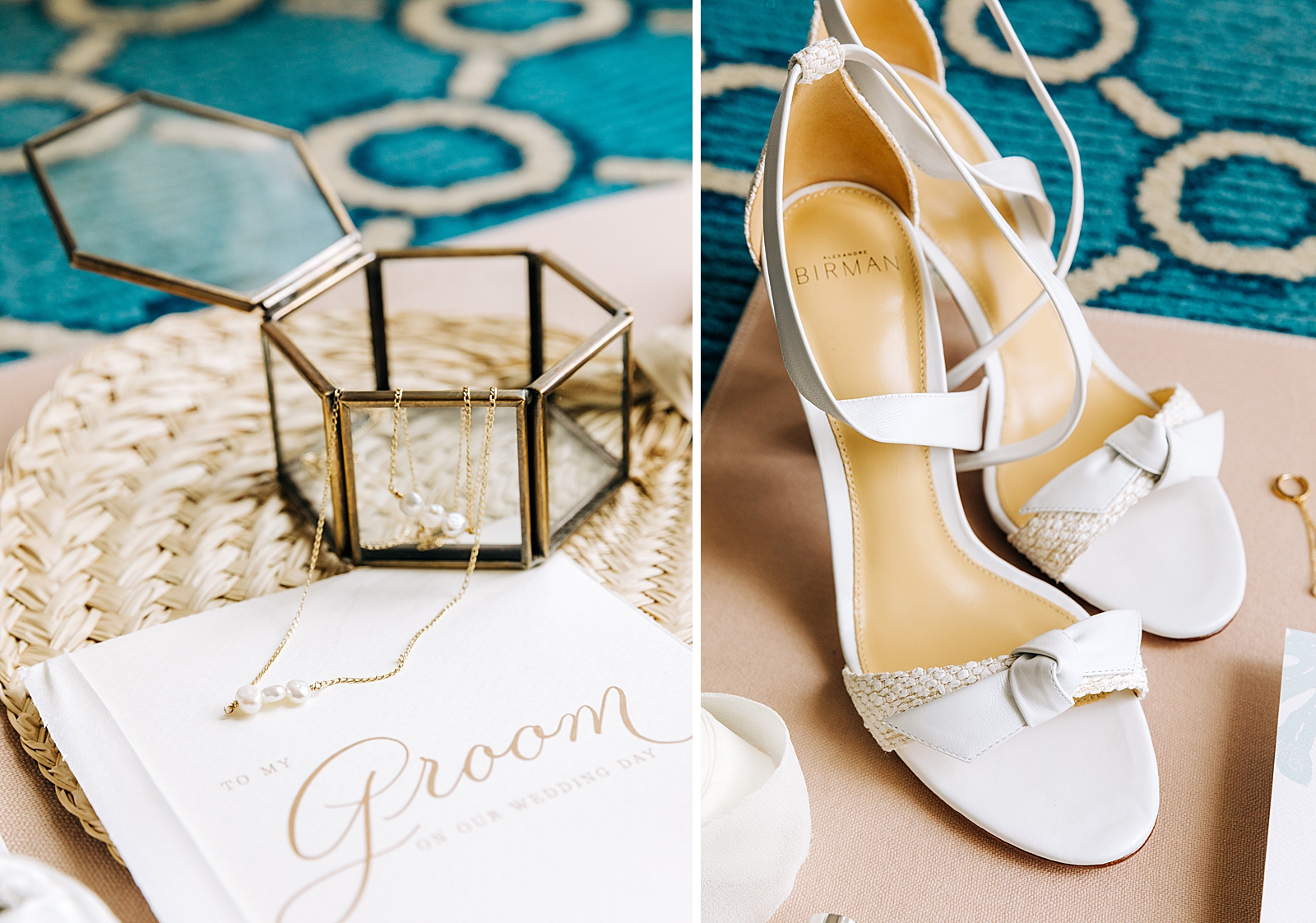 Detail shot of wedding heels and jewelry