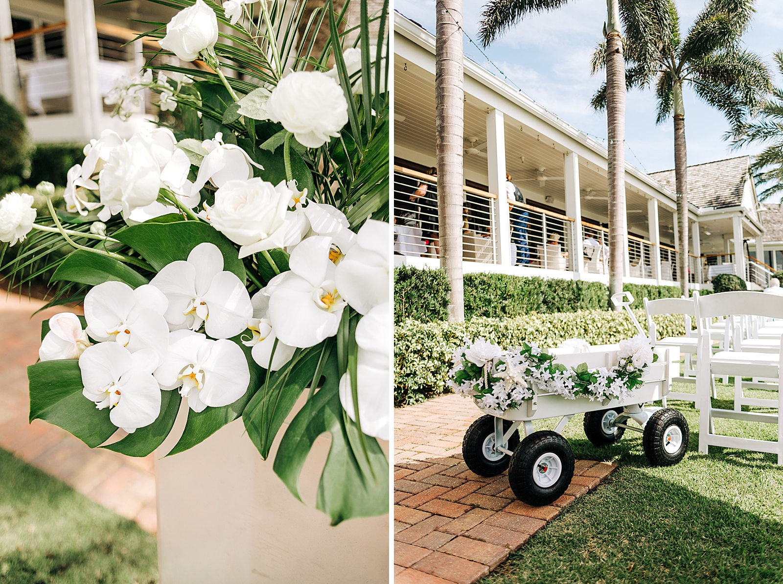 White tropical flowers and flower wagon