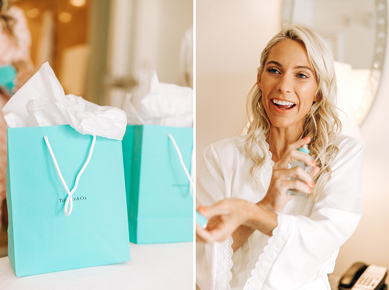 Bride getting ready putting perfume on and with Tiffany & Co. bags