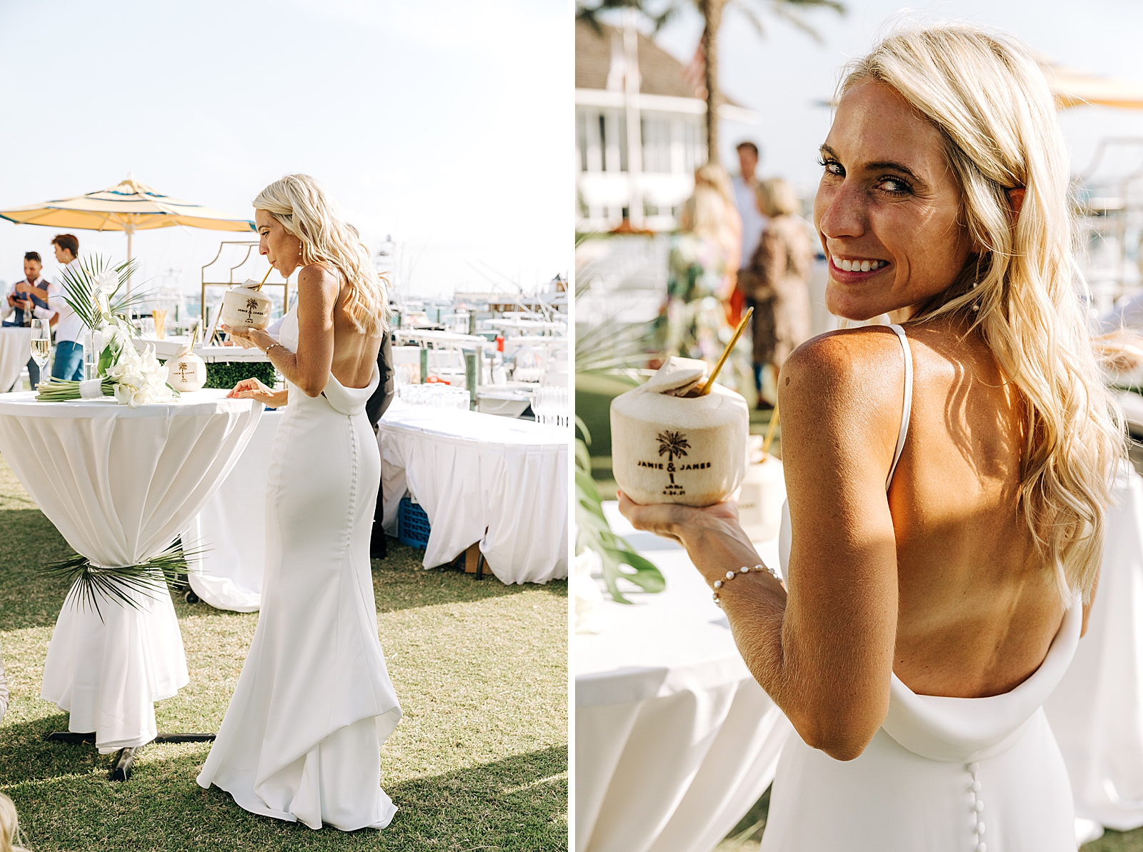 Bride drinking out of coconut at outdoor Reception