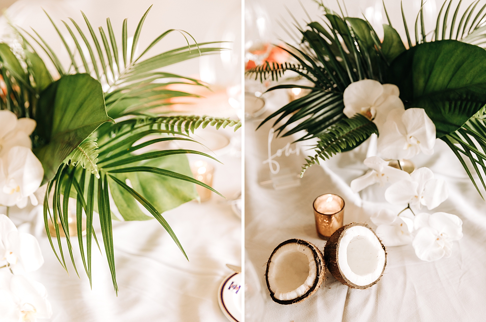 Detail shots of greenery and coconuts on Reception table