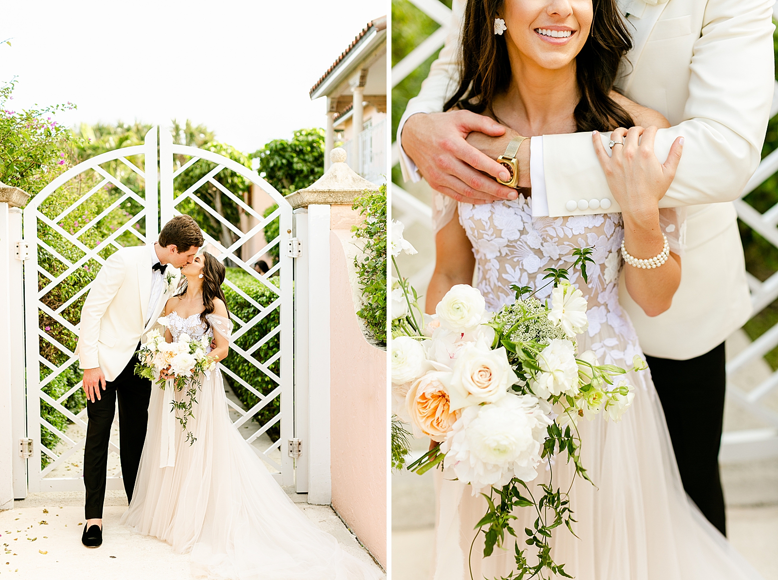 Bride and Groom kissing in front of white gate and Groom holding Bride holding light bouquet