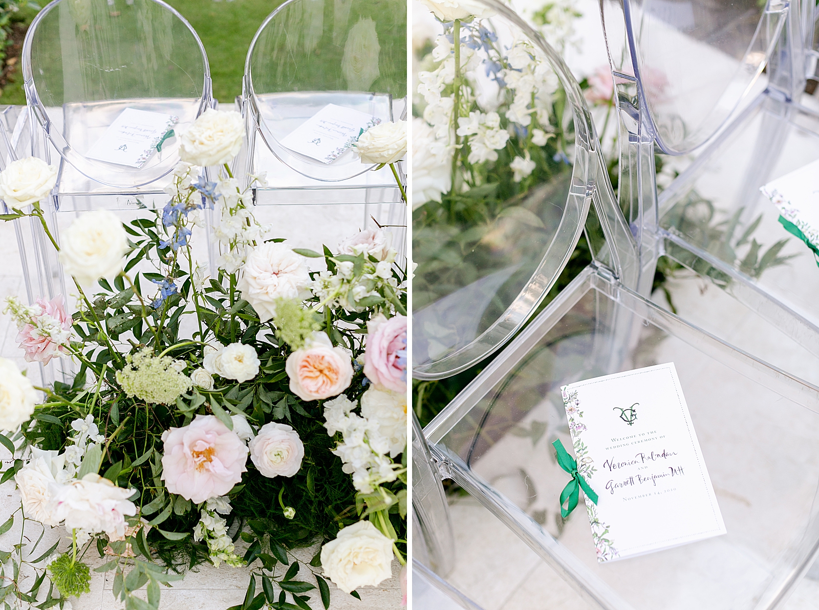Detail shot of clear Ceremony chairs with flower decor