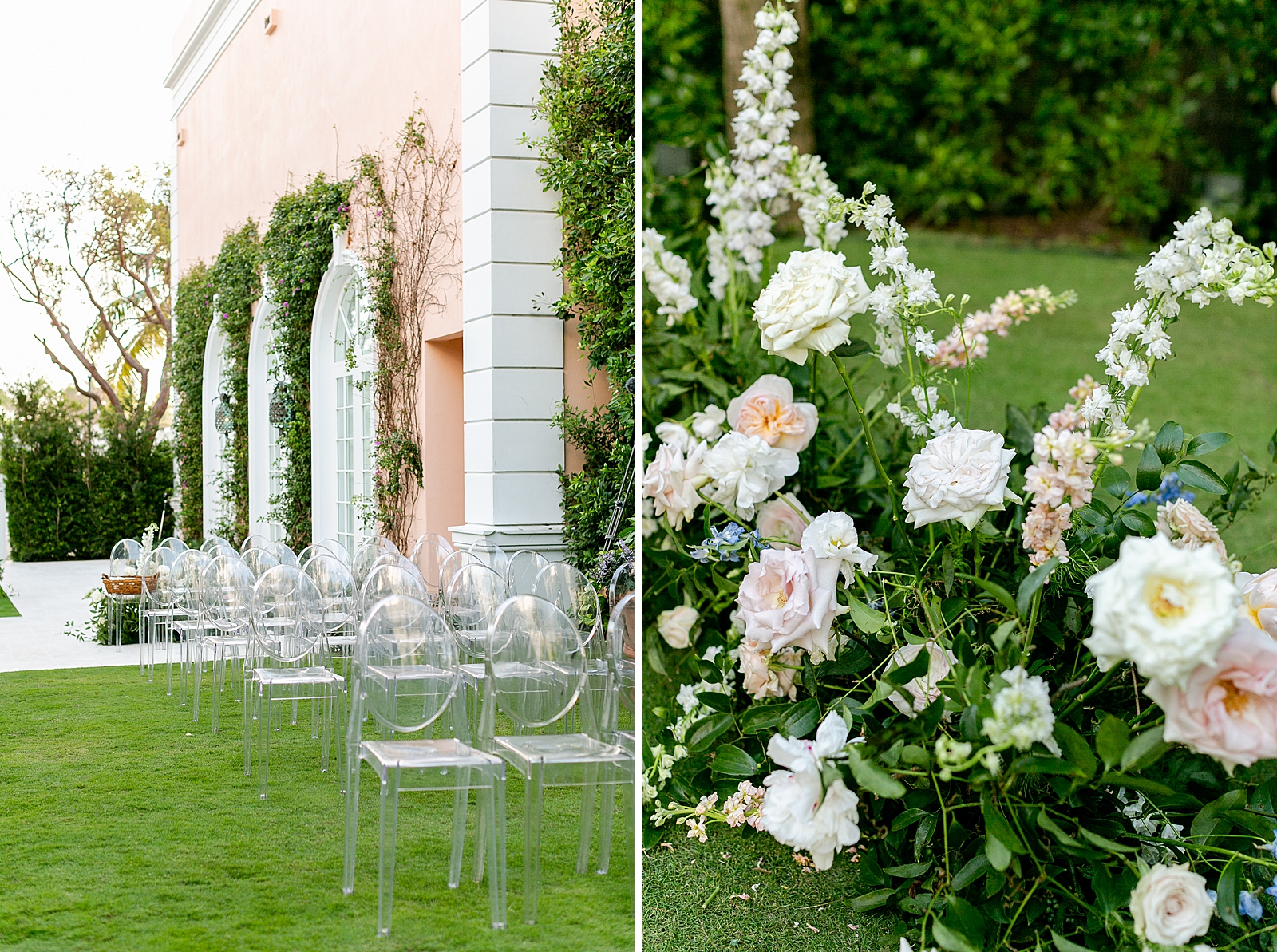 Detail shot of Ceremony area with clear chairs and flower decor