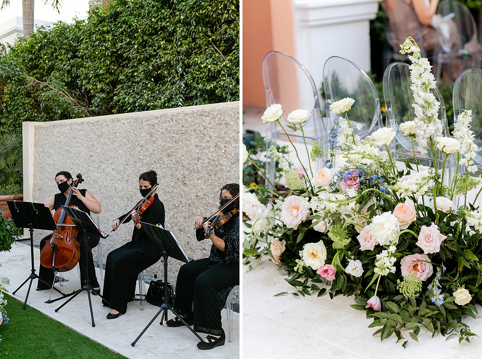 String trio playing during Ceremony and white rose flowers