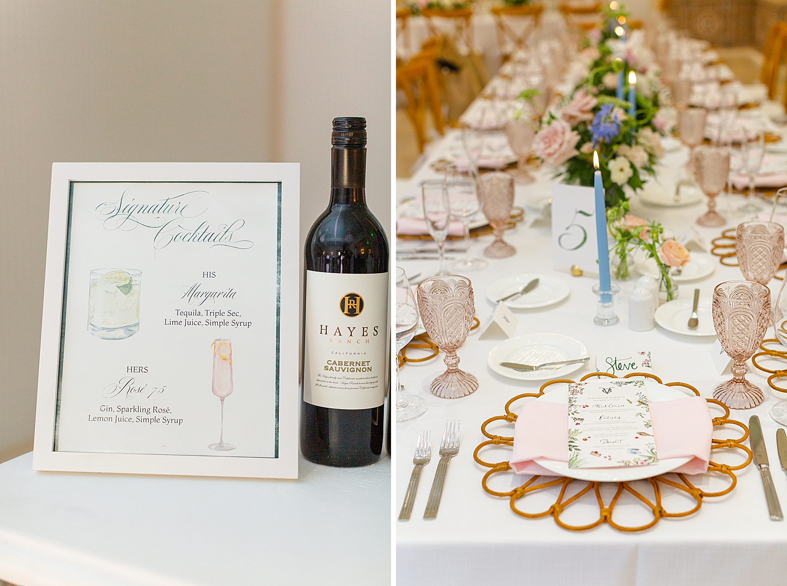 Detail shot of Bride and Groom signature drinks menu and Reception table