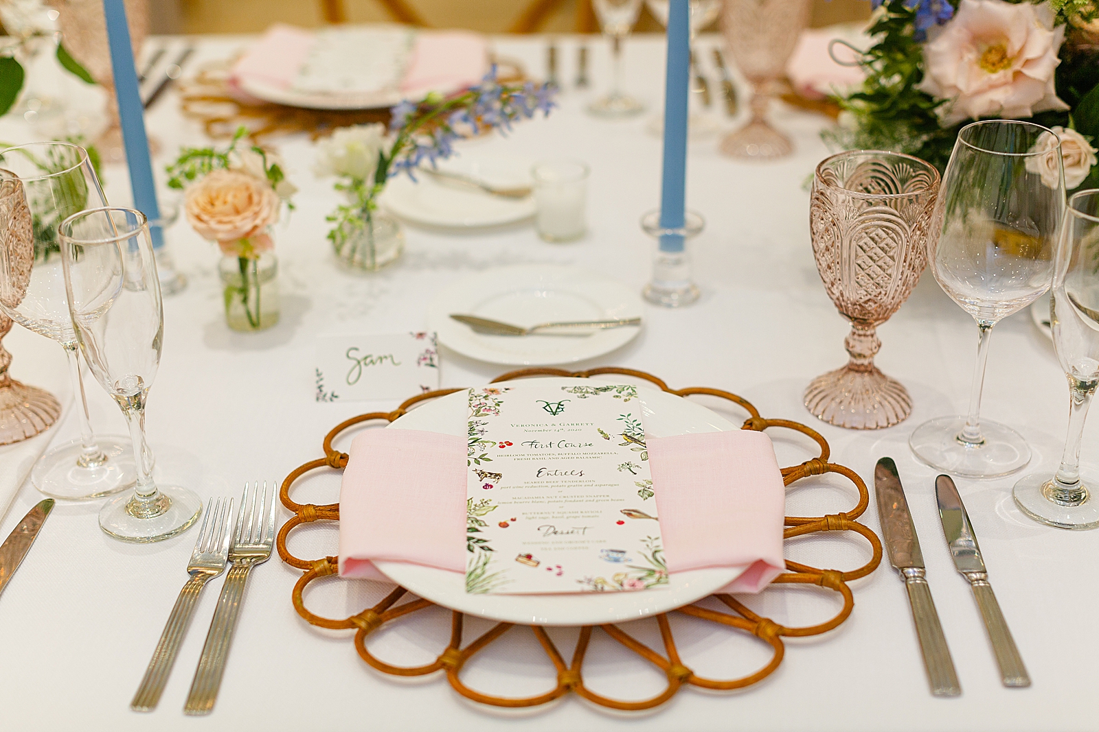 Detail shot of dishware of Reception table with menu