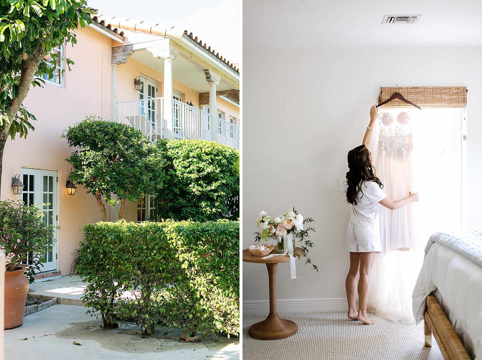 Detail shot of outdoor courtyard and Bride looking at wedding dress hanging by the window