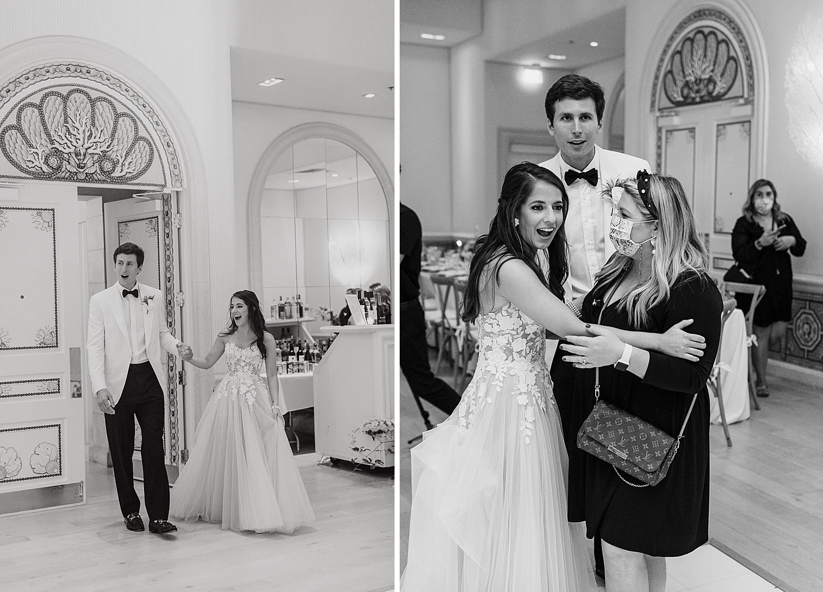 B&W of Bride and Groom entering Reception and with Wedding Planner