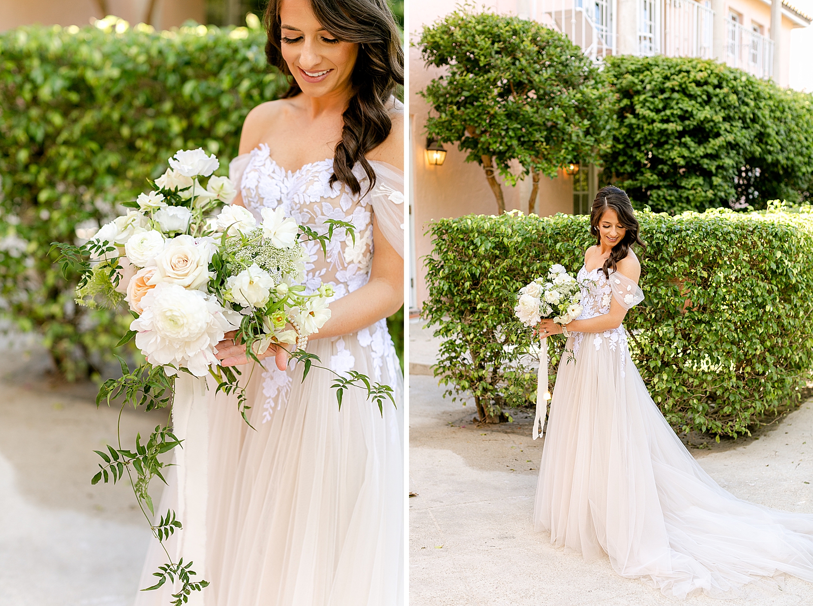 Bride holding white bouquet out in the courtyard