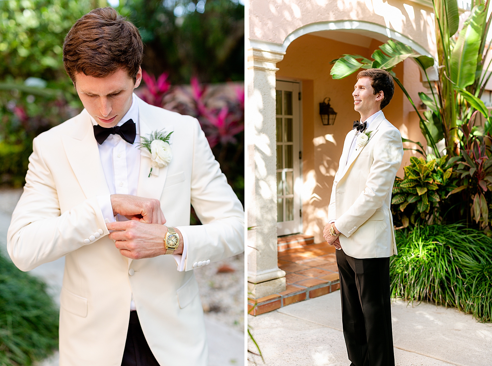 Groom in courtyard wearing white suit and adjusting cuff
