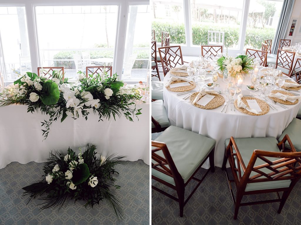 Detail shot of greenery and white floral decor sweetheart table