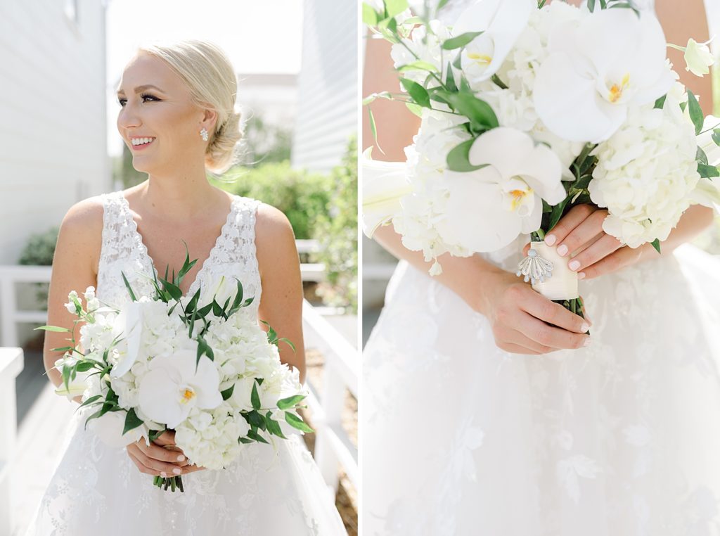 Portraits of Bride holding white flower bouquet in hand