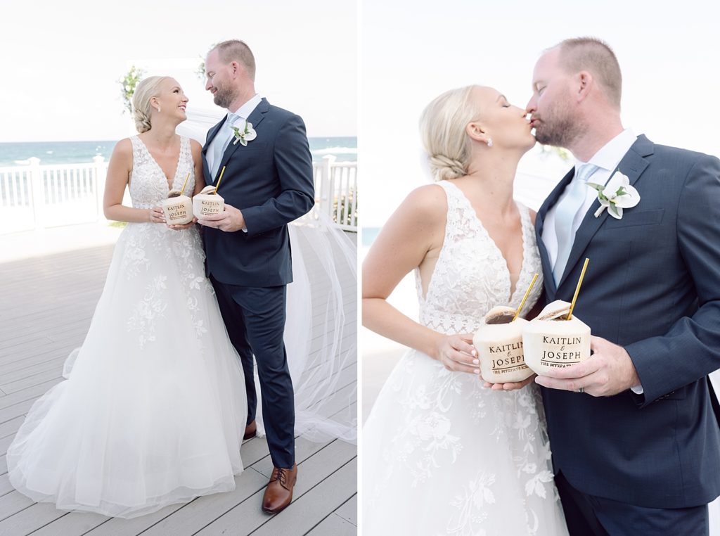 Bride and Groom next to each other holding personalized carved coconut mugs for drinks