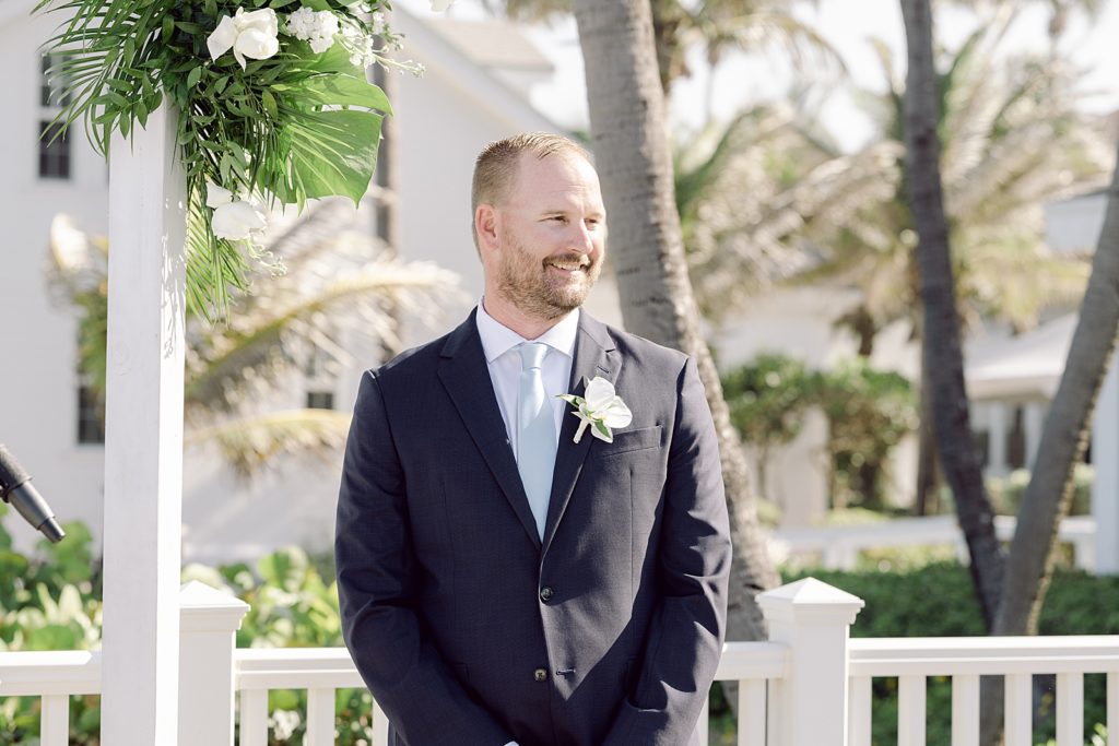 Groom awaiting Bride at the outdoor alter for Beach Ceremony