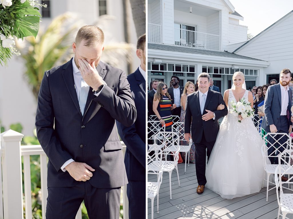 Groom's emotional reaction to seeing Bride coming up the aisle with Father